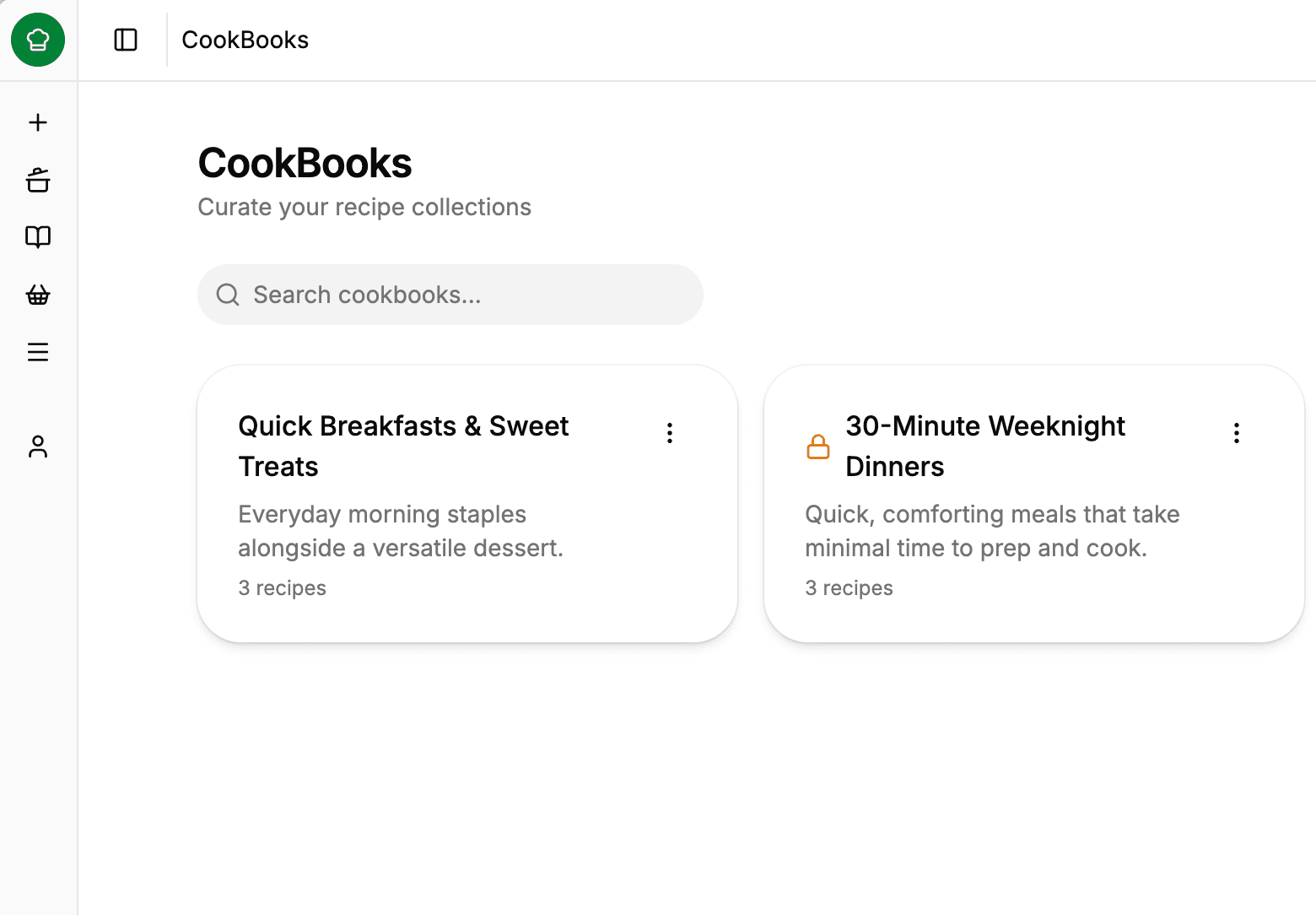 The cookbooks dashboard: two collections side by side — one public, one marked private with a lock icon — each with a description and a recipe count