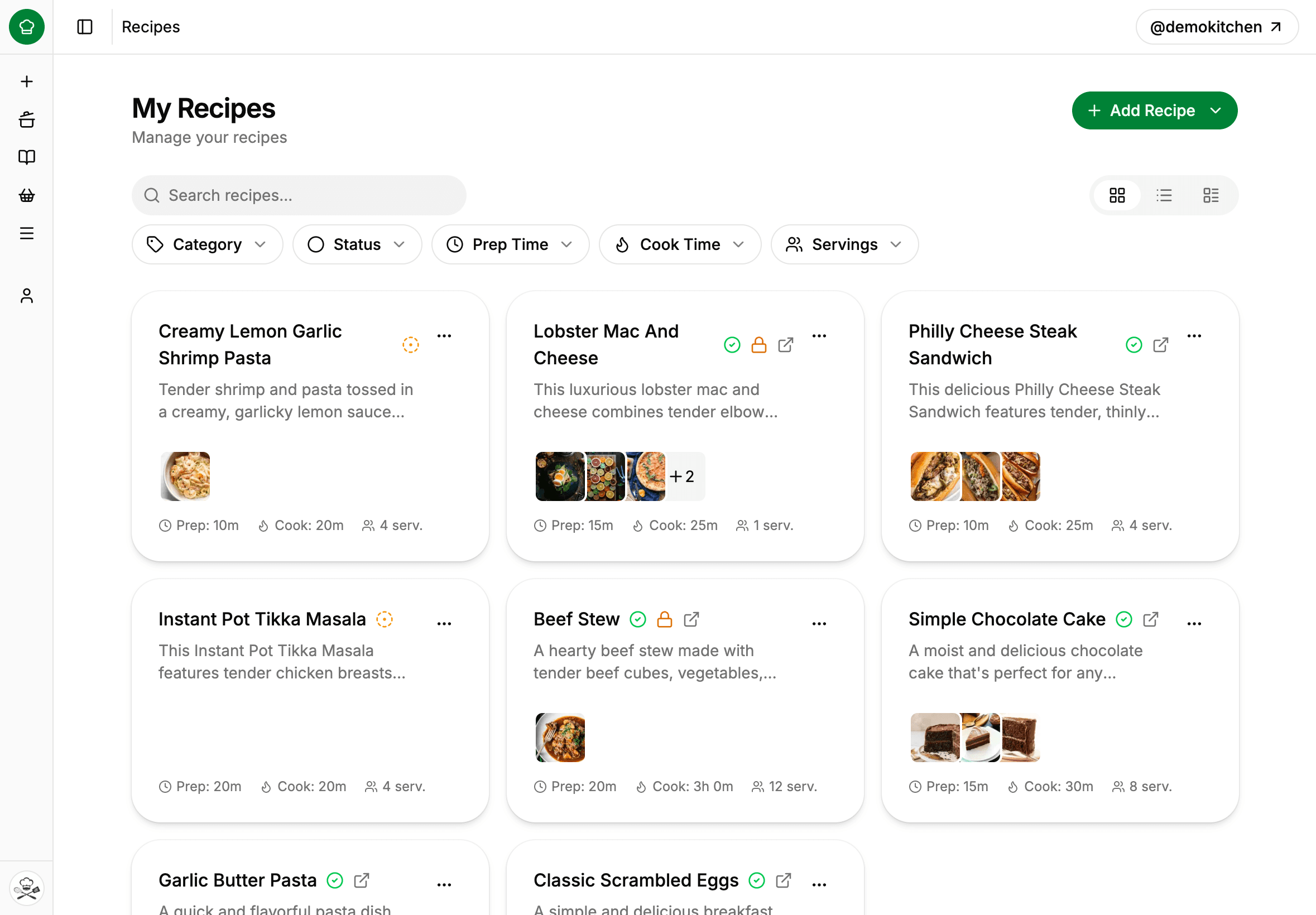 The recipe dashboard in card view: a grid of recipes with prep time, cook time and servings, above a row of category, status and time filters